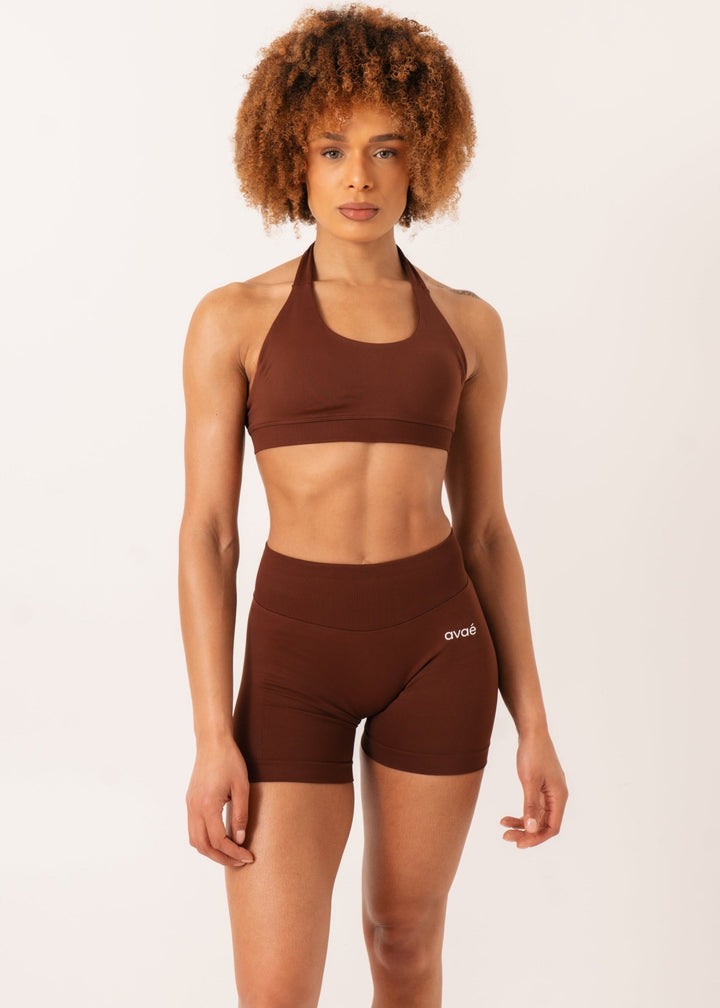 Enhance Halterneck Sport-BH Brown - Sculpt Fit Achteraanzicht - Avae Wear