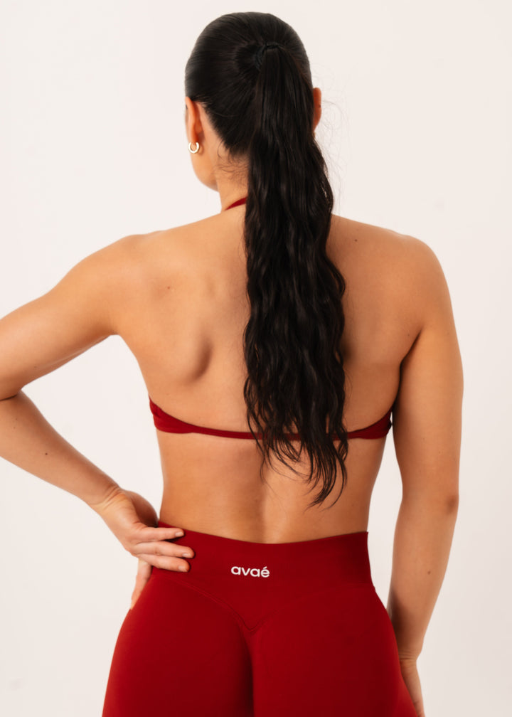 Enhance Strappy Sports Bra Red - Supportive Workout Bra Side View - Avae Wear