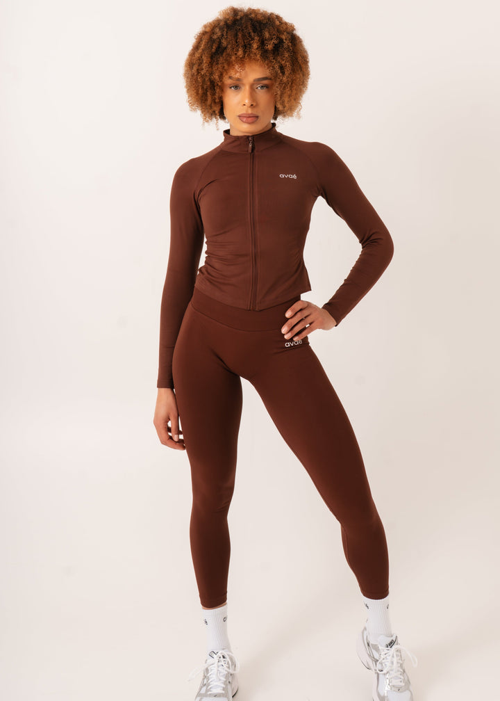 Enhance Full Zip Jacket Brown - Shape-Enhancing Fit Back View - Avae Wear
