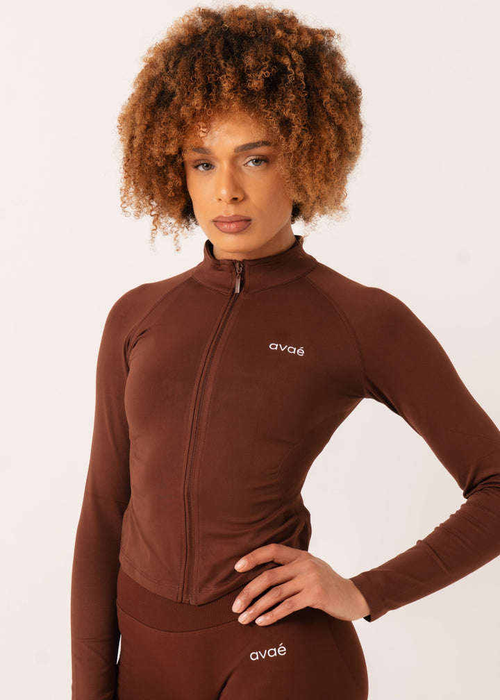 Avae Wear Enhance Full Zip Jacket Brown - Gym Jacket Women Front View