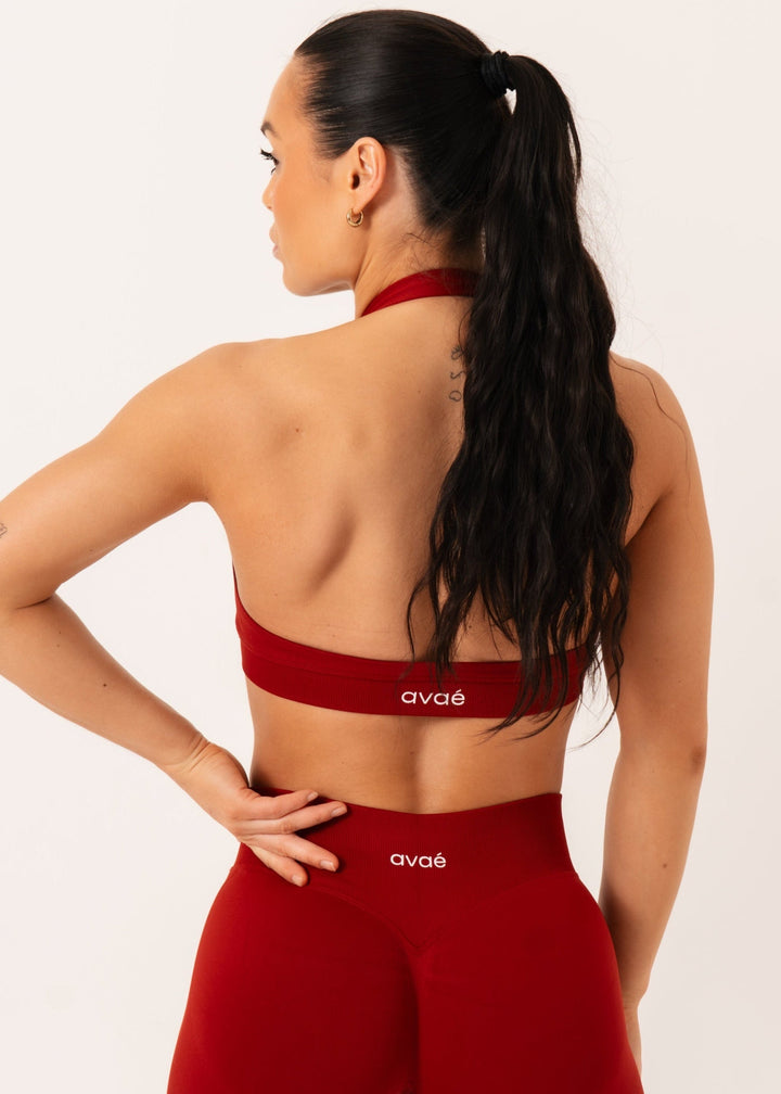 Enhance Halterneck Sports Bra Red - Supportive Workout Bra Side View - Avae Wear